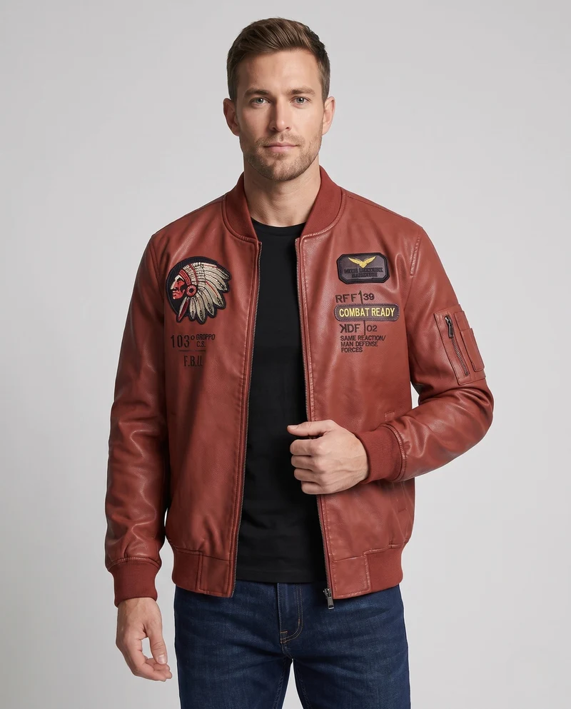 Herren Kunstleder Pilotjacke mit Abzeichenapplikationen & Teddy-Futter Nord Taschen