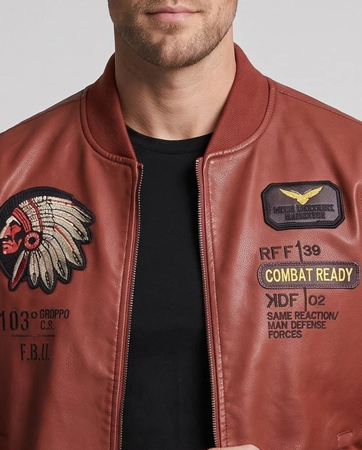 Herren Kunstleder Pilotjacke mit Abzeichenapplikationen & Teddy-Futter Nord Taschen