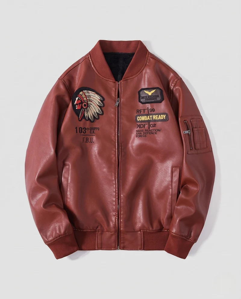 Herren Kunstleder Pilotjacke mit Abzeichenapplikationen & Teddy-Futter Nord Taschen