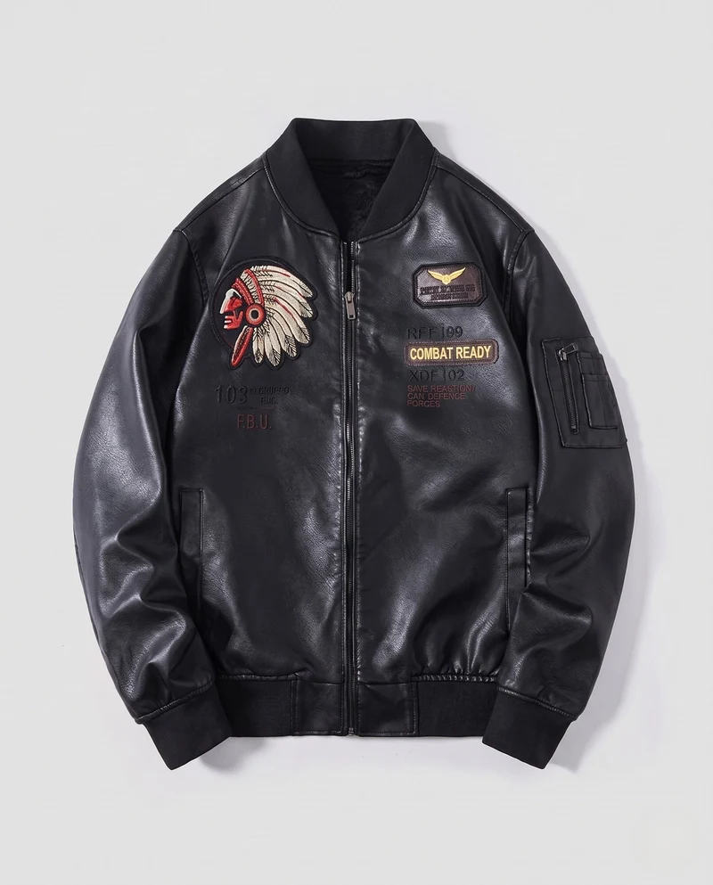 Herren Kunstleder Pilotjacke mit Abzeichenapplikationen & Teddy-Futter Nord Taschen