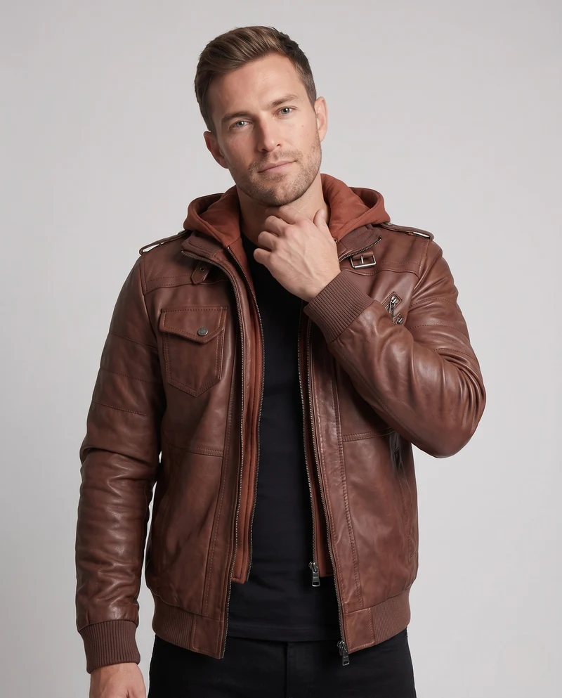 Herren Kunstleder Bomberjacke mit integrierter Kapuze, Utility-Taschen & gerippten Bündchen Nord Taschen