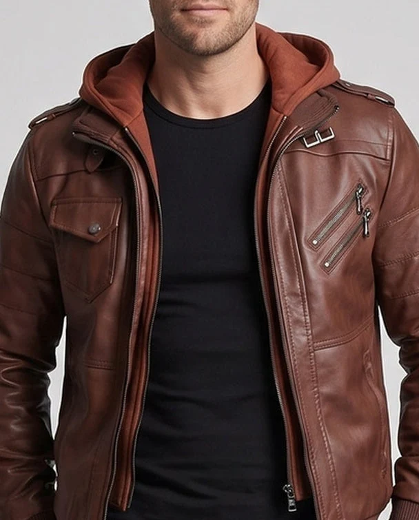 Herren Kunstleder Bomberjacke mit integrierter Kapuze, Utility-Taschen & gerippten Bündchen Nord Taschen