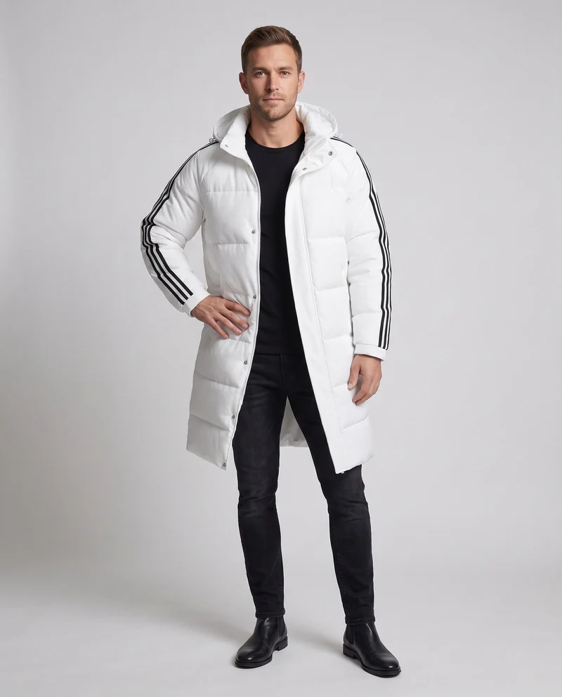 Männer lange gepolsterte Kapuzen-Steppjacke mit sportlichen gestreiften Ärmeln und winddichter Schale Nord Taschen