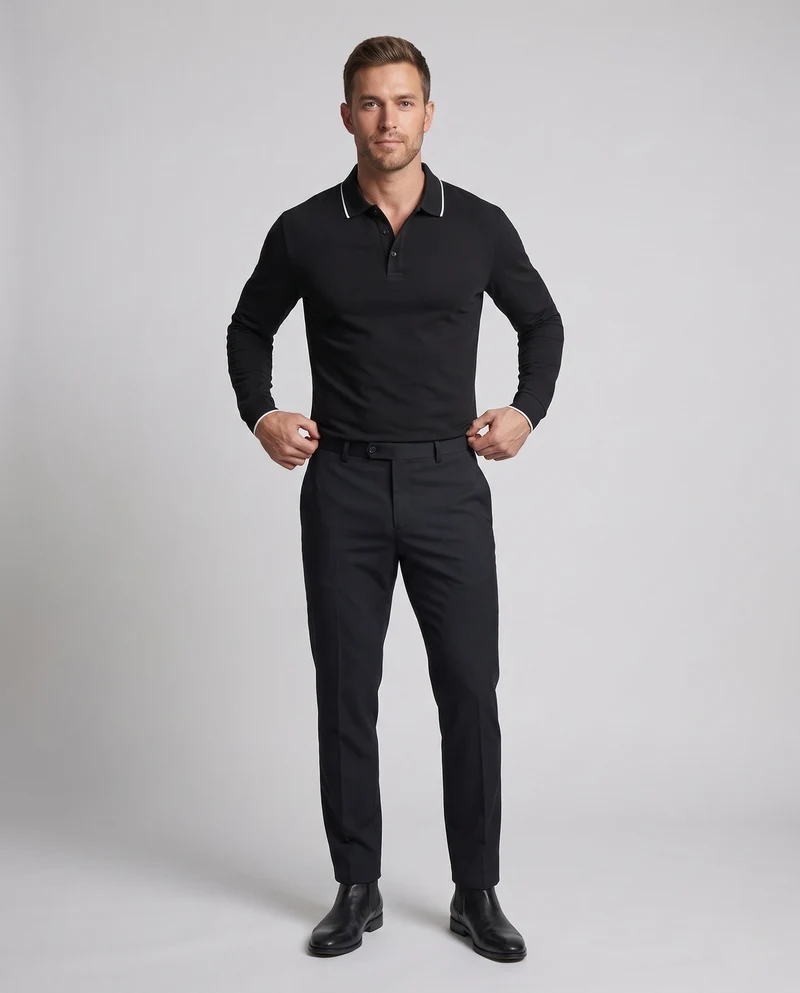 Herren Langarm-Polo-Shirt aus Stretch-Piqué mit slim fit und kontrastfarbener Paspel Nord Taschen