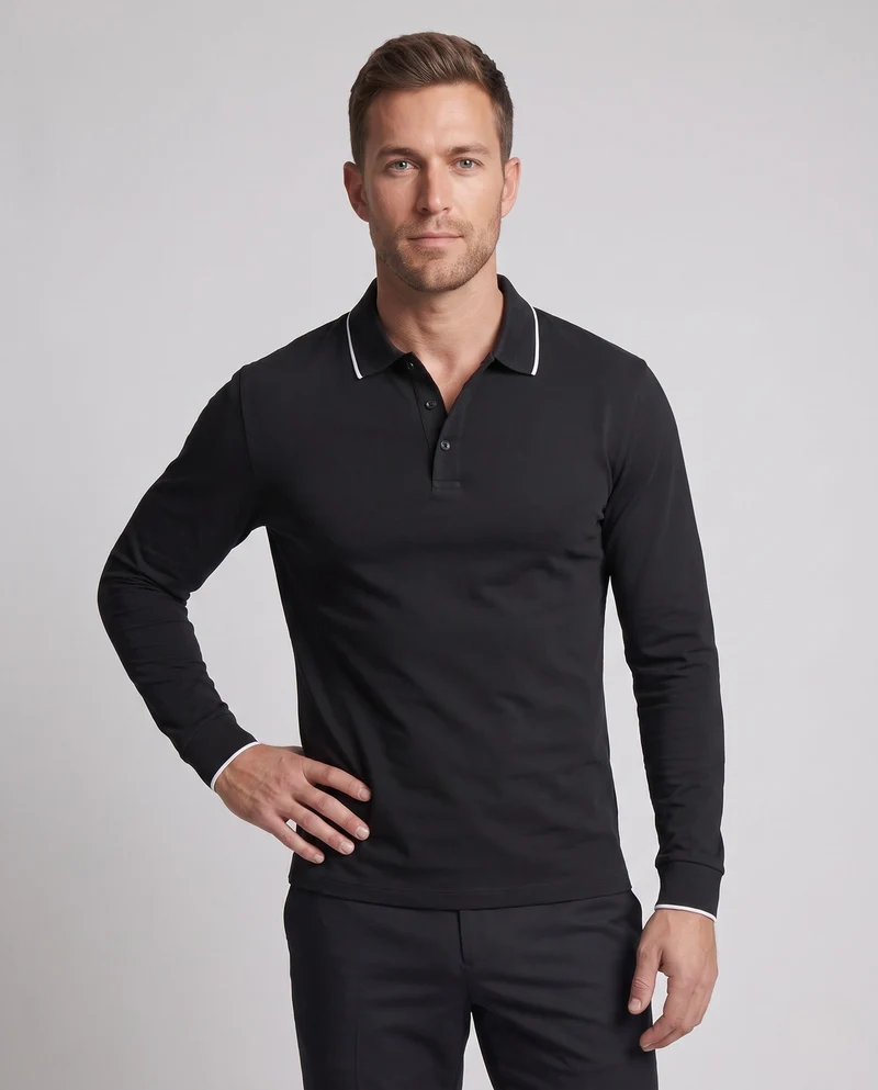Herren Langarm-Polo-Shirt aus Stretch-Piqué mit slim fit und kontrastfarbener Paspel Nord Taschen
