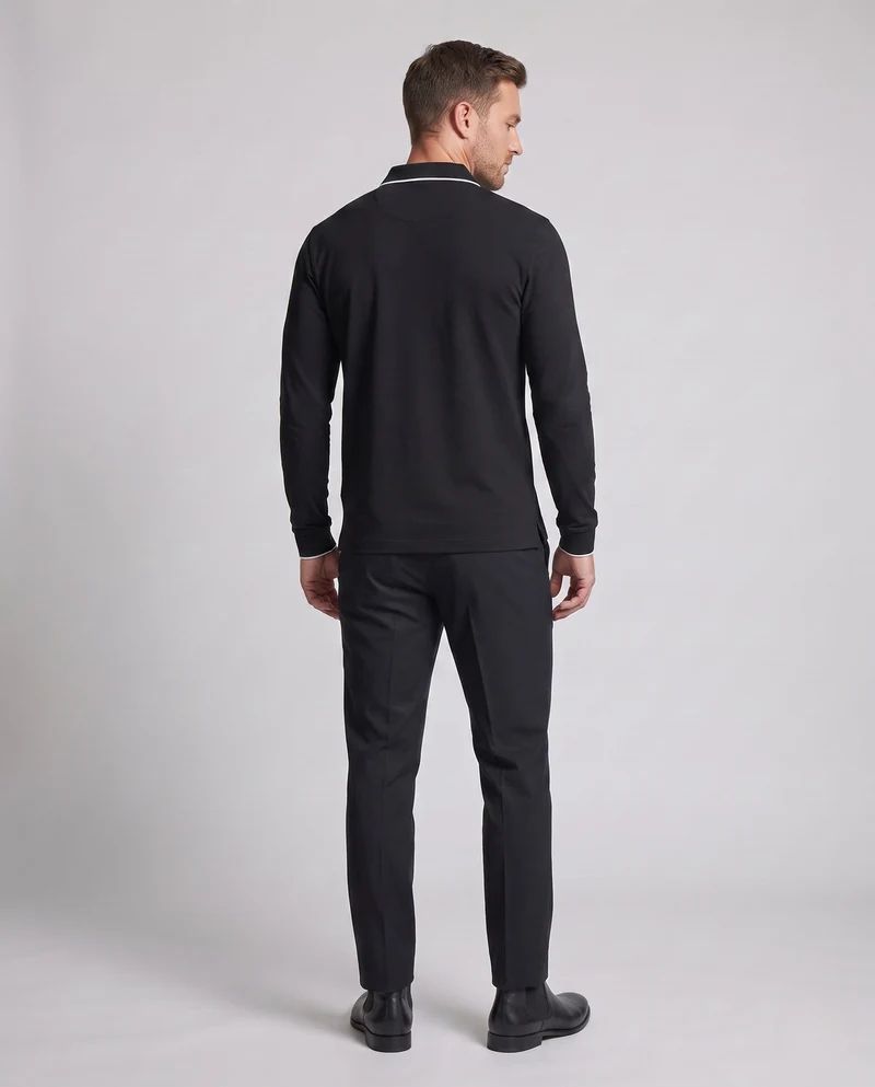 Herren Langarm-Polo-Shirt aus Stretch-Piqué mit slim fit und kontrastfarbener Paspel Nord Taschen