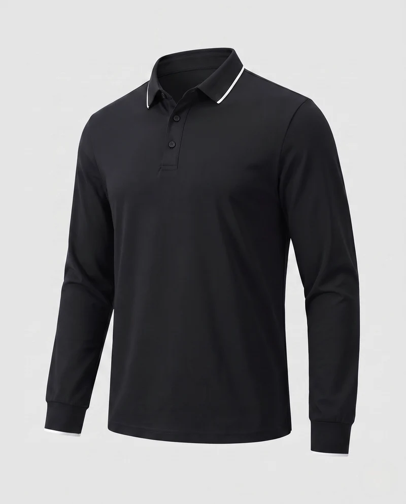 Herren Langarm-Polo-Shirt aus Stretch-Piqué mit slim fit und kontrastfarbener Paspel Nord Taschen