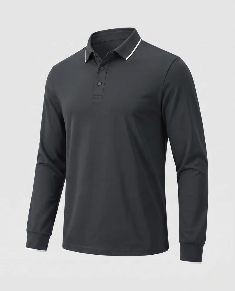 Herren Langarm-Polo-Shirt aus Stretch-Piqué mit slim fit und kontrastfarbener Paspel Nord Taschen