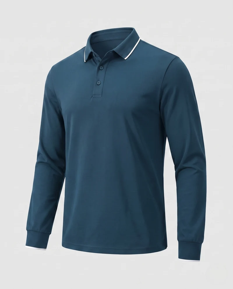 Herren Langarm-Polo-Shirt aus Stretch-Piqué mit slim fit und kontrastfarbener Paspel Nord Taschen