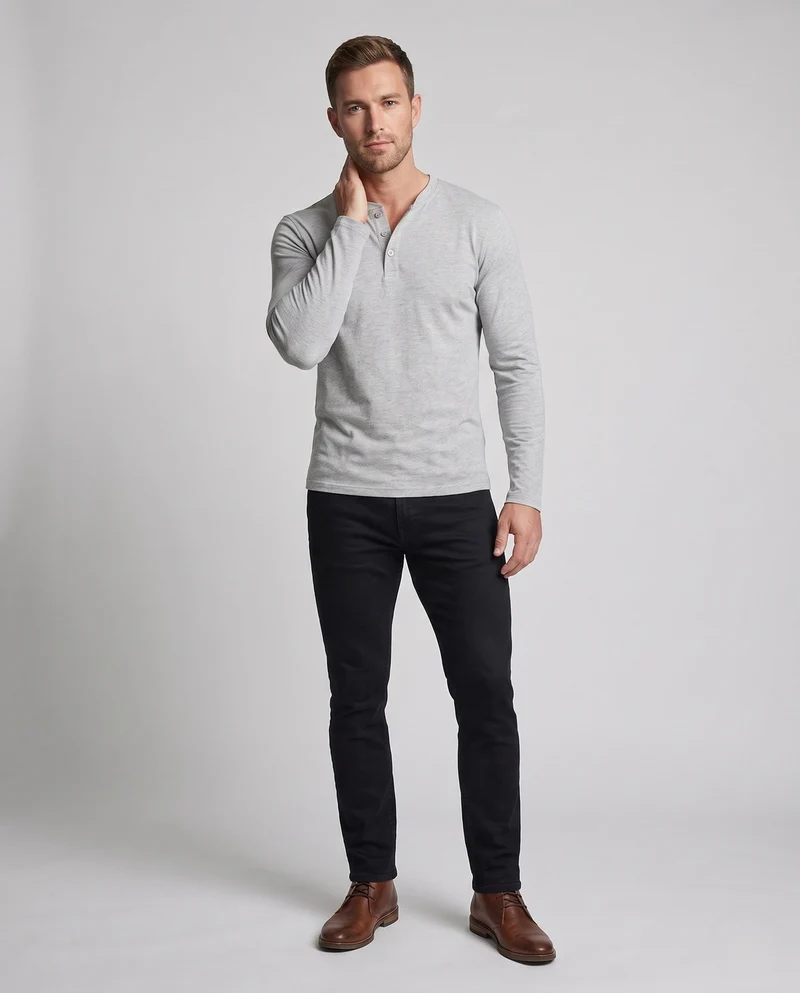 Herren Langarm-Henley-Shirt aus Stretch-Jersey mit Stehkragen & Slim Fit Nord Taschen