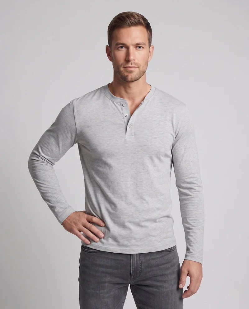 Herren Langarm-Henley-Shirt aus Stretch-Jersey mit Stehkragen & Slim Fit Nord Taschen