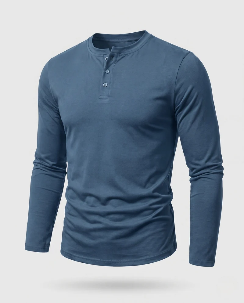 Herren Langarm-Henley-Shirt aus Stretch-Jersey mit Stehkragen & Slim Fit Nord Taschen