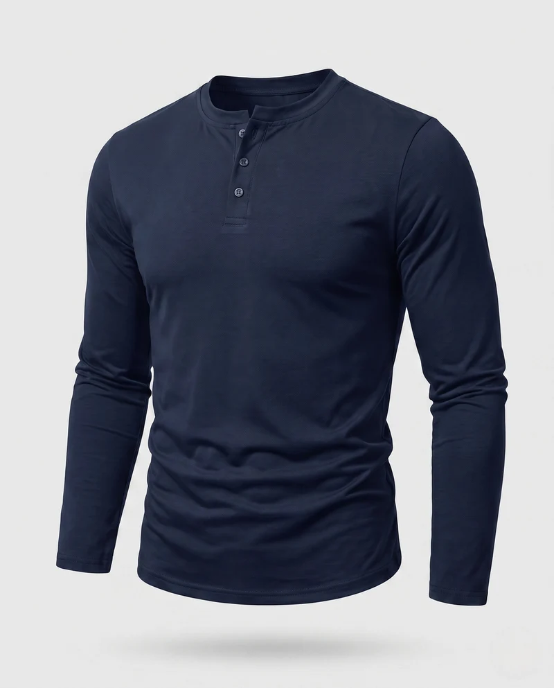 Herren Langarm-Henley-Shirt aus Stretch-Jersey mit Stehkragen & Slim Fit Nord Taschen