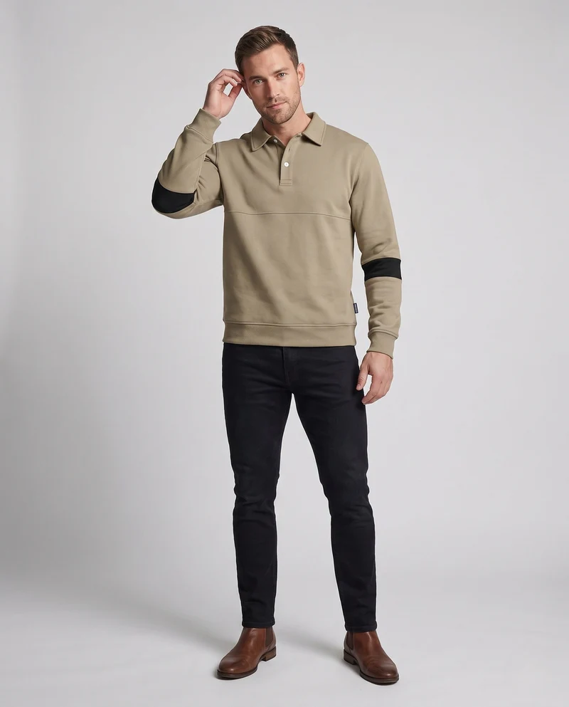 Herren Langarm Polo Sweatshirt im lässigen Look mit Knopfleiste & Kontraststreifen an den Ärmeln Nord Taschen