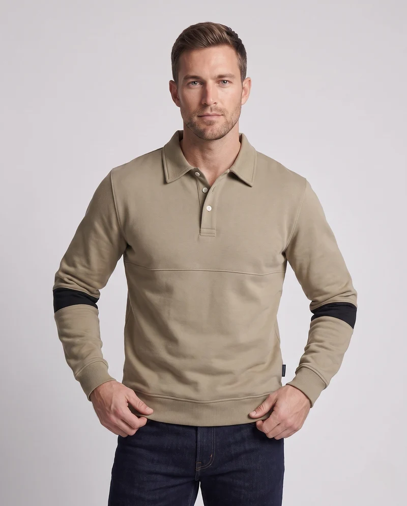 Herren Langarm Polo Sweatshirt im lässigen Look mit Knopfleiste & Kontraststreifen an den Ärmeln Nord Taschen