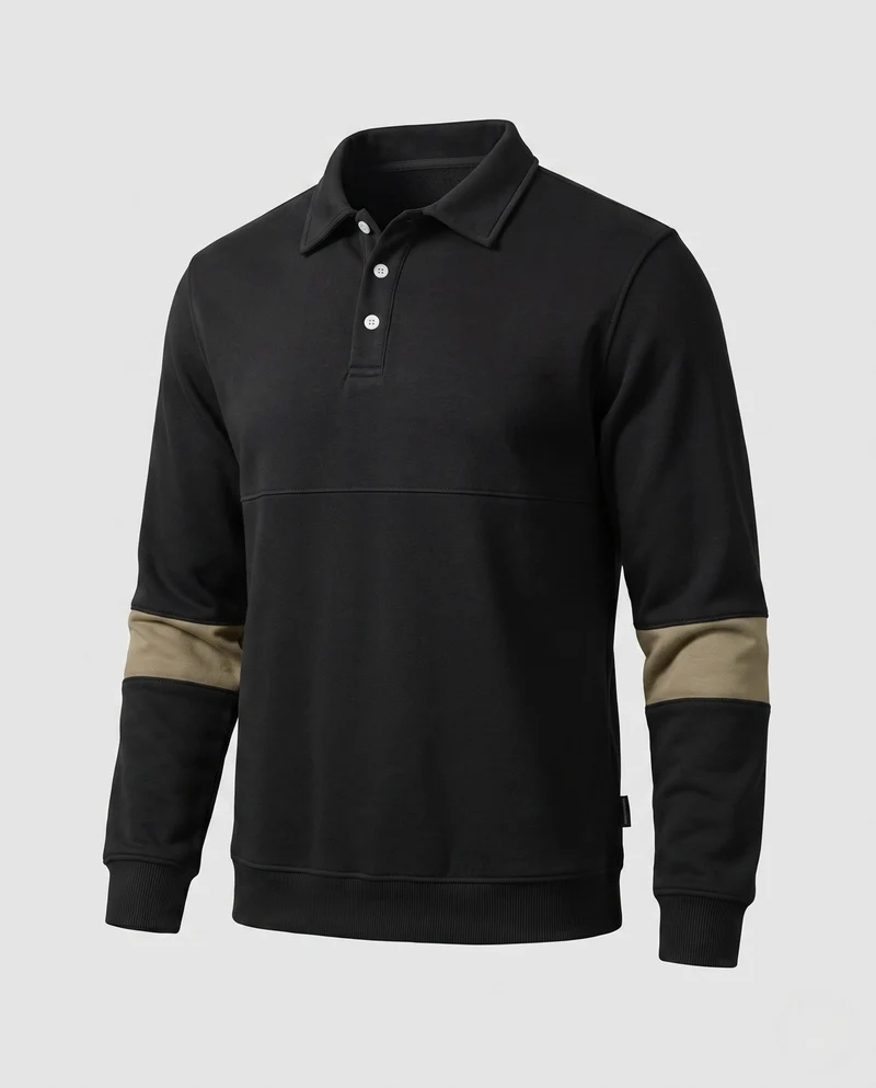 Herren Langarm Polo Sweatshirt im lässigen Look mit Knopfleiste & Kontraststreifen an den Ärmeln Nord Taschen