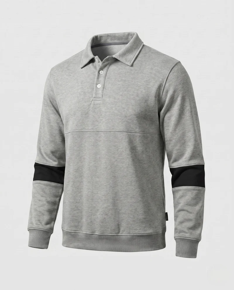 Herren Langarm Polo Sweatshirt im lässigen Look mit Knopfleiste & Kontraststreifen an den Ärmeln Nord Taschen