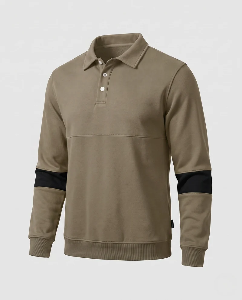 Herren Langarm Polo Sweatshirt im lässigen Look mit Knopfleiste & Kontraststreifen an den Ärmeln Nord Taschen