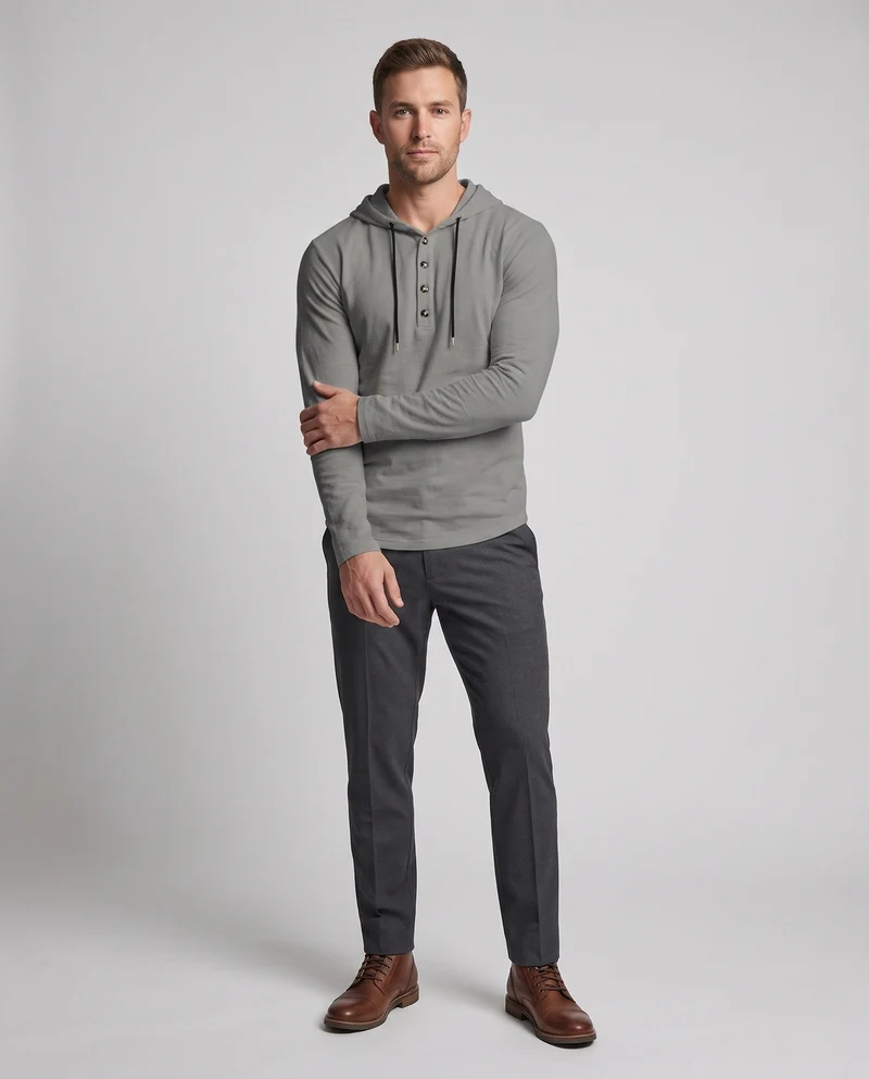 Herren Langarm-Hoodie mit Henley-Knopfleiste und Kordelzug Nord Taschen