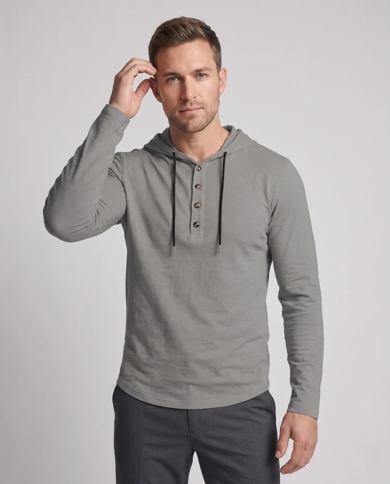Herren Langarm-Hoodie mit Henley-Knopfleiste und Kordelzug Nord Taschen