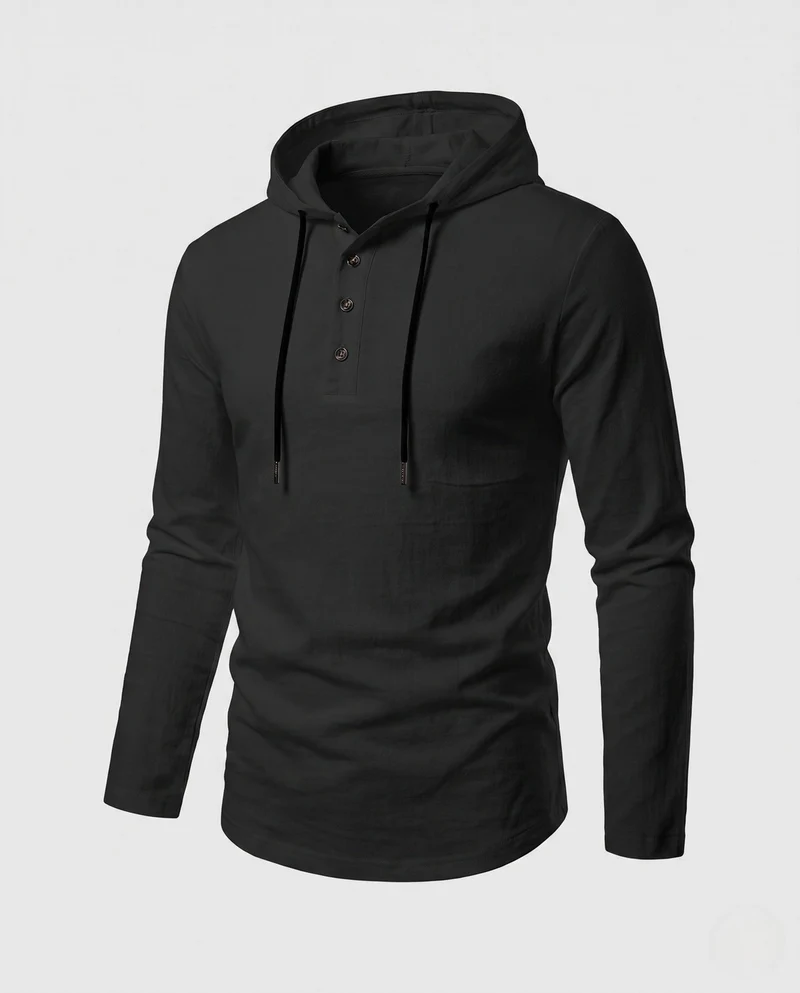 Herren Langarm-Hoodie mit Henley-Knopfleiste und Kordelzug Nord Taschen