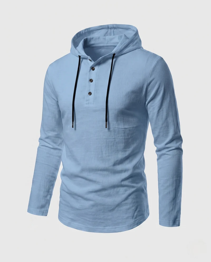 Herren Langarm-Hoodie mit Henley-Knopfleiste und Kordelzug Nord Taschen