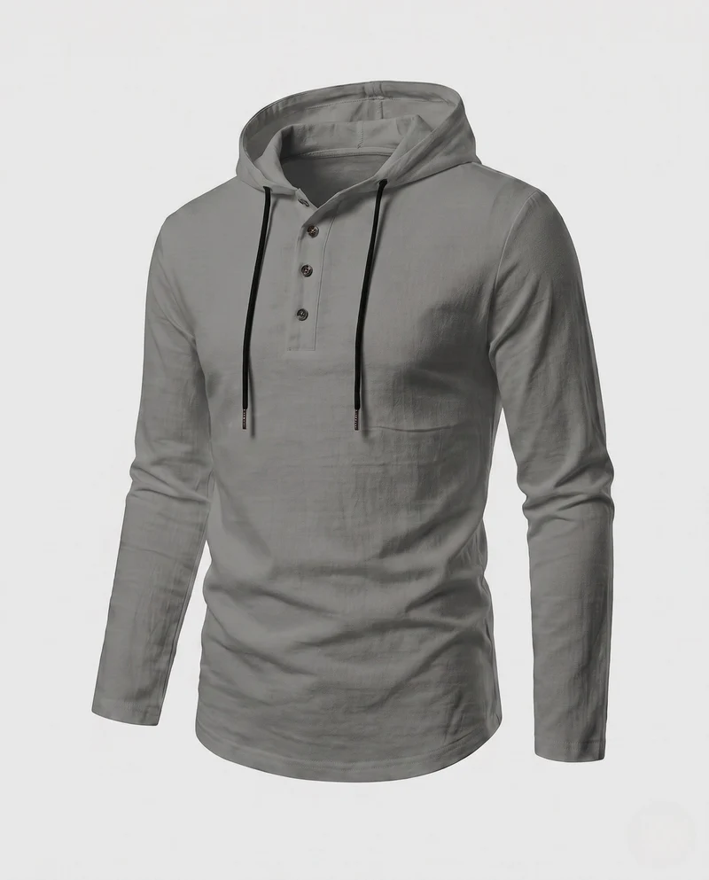 Herren Langarm-Hoodie mit Henley-Knopfleiste und Kordelzug Nord Taschen