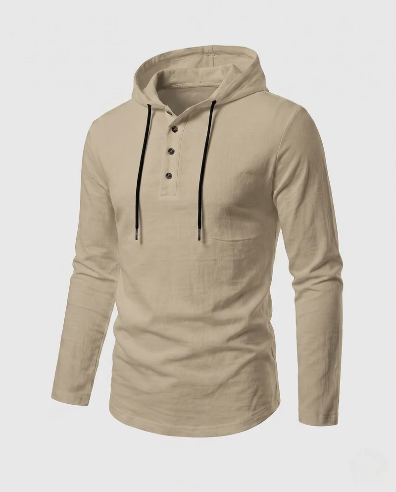 Herren Langarm-Hoodie mit Henley-Knopfleiste und Kordelzug Nord Taschen