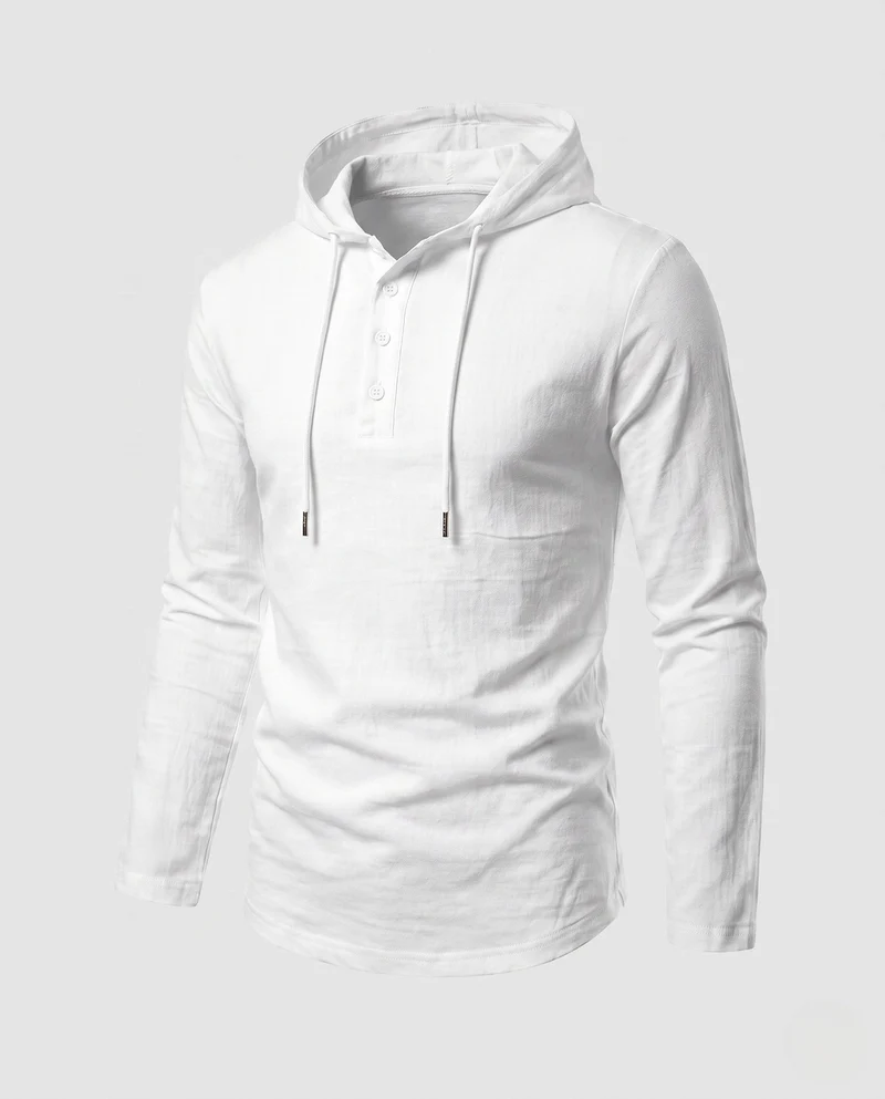 Herren Langarm-Hoodie mit Henley-Knopfleiste und Kordelzug Nord Taschen