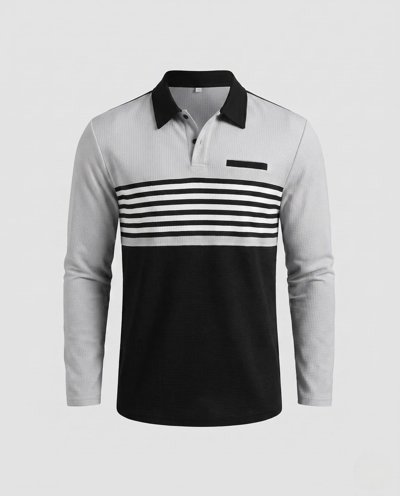 Herren Langarm-Polo mit Waffeltextur, Kontraststreifen und Brusttasche Nord Taschen