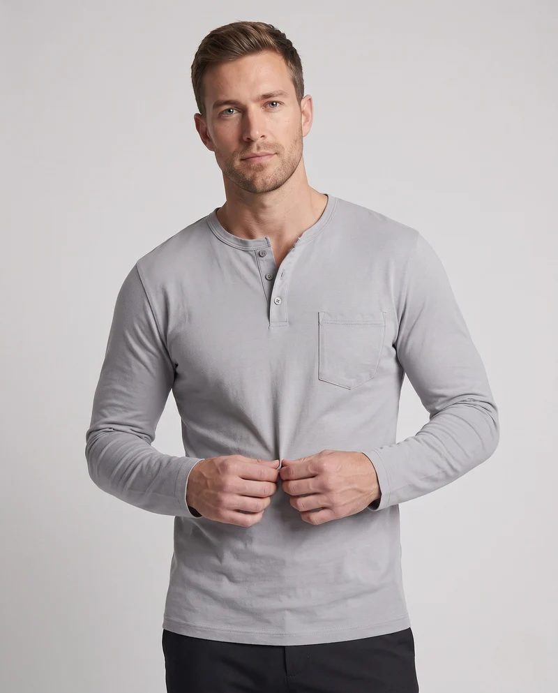 Herren Langarm Henley Shirt mit Brusttasche und dezentem Knopfleiste Nord Taschen
