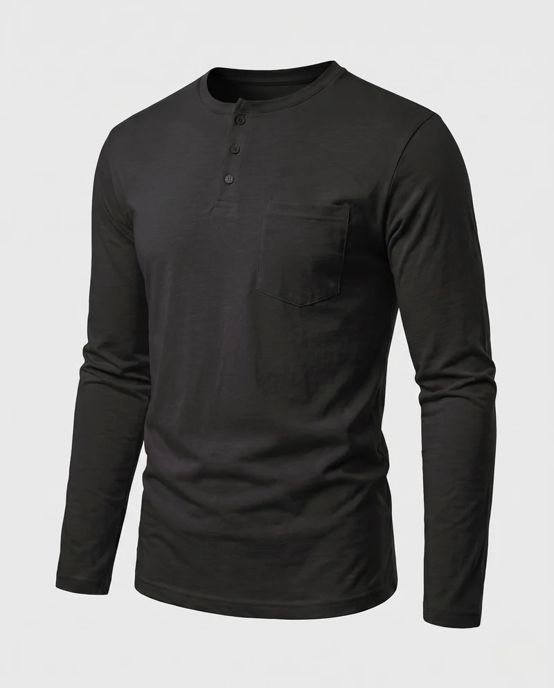 Herren Langarm Henley Shirt mit Brusttasche und dezentem Knopfleiste Nord Taschen