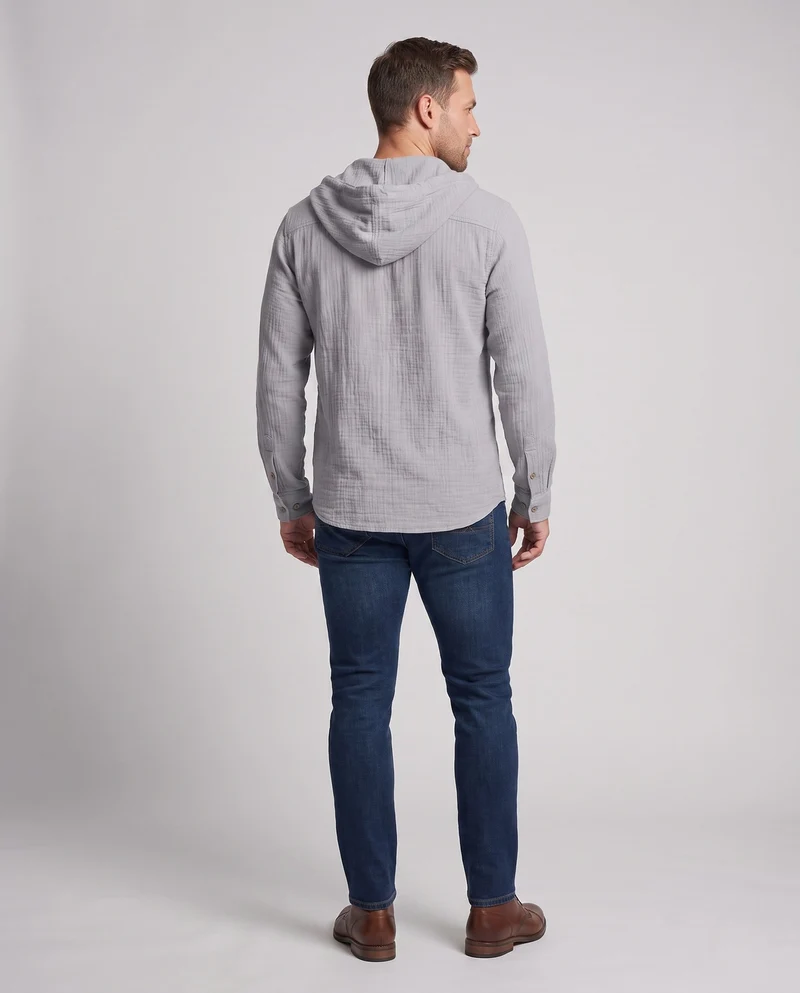 Herren Kapuzen-Leinenhemd im Relaxed Fit mit Knopfleiste und Kordelzug Nord Taschen