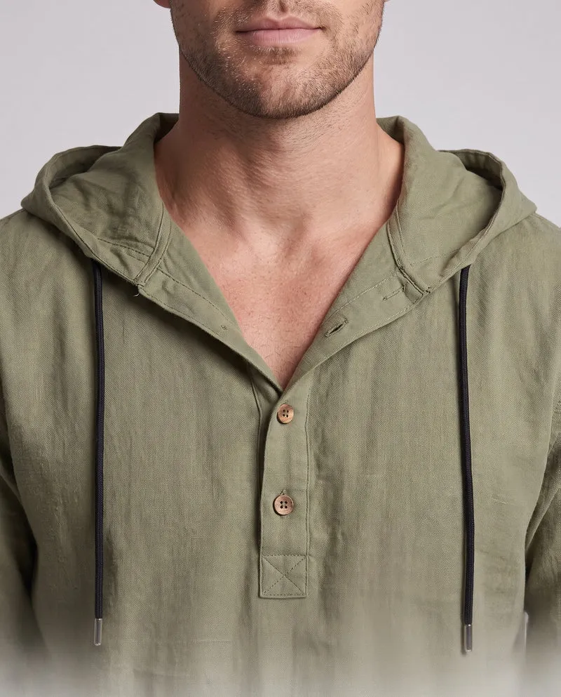 Herren Kapuzen-Henley aus Leinenmischung mit lockerer Passform und Kordelzug Nord Taschen