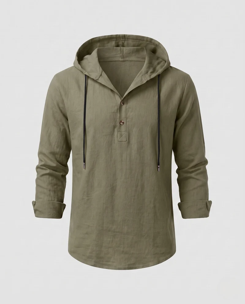 Herren Kapuzen-Henley aus Leinenmischung mit lockerer Passform und Kordelzug Nord Taschen