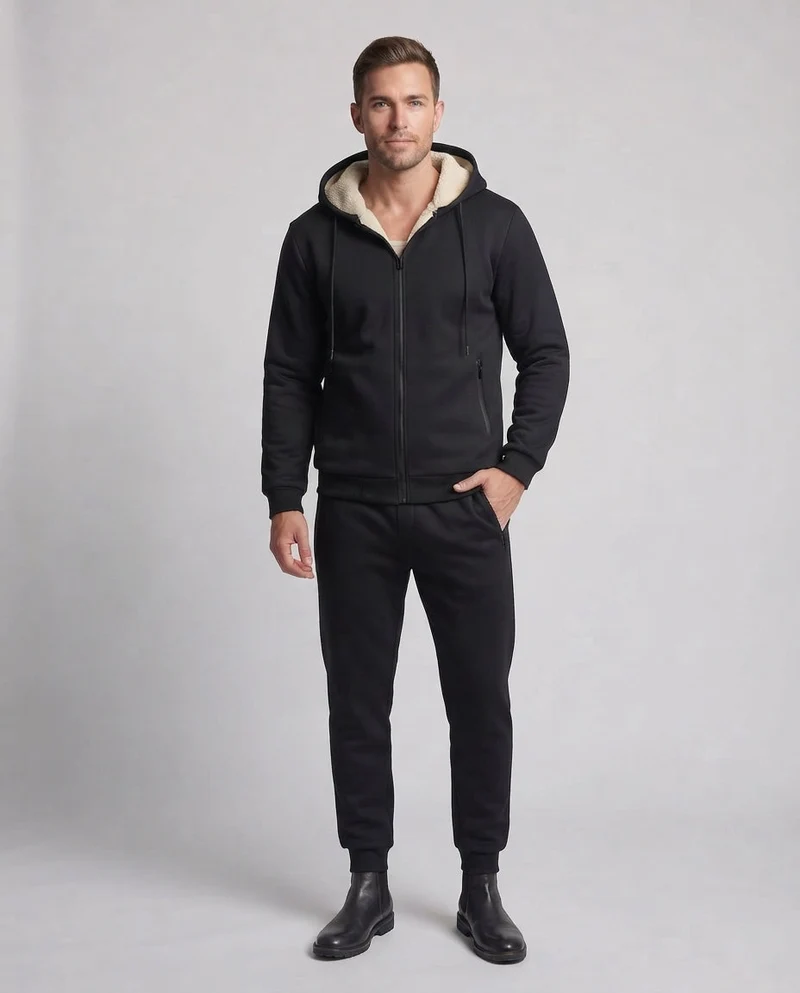 Herren Zweiteiliges Teddygefüttertes Freizeit-Trainingsset mit Kapuzenzipjacke & tapered Jogginghose