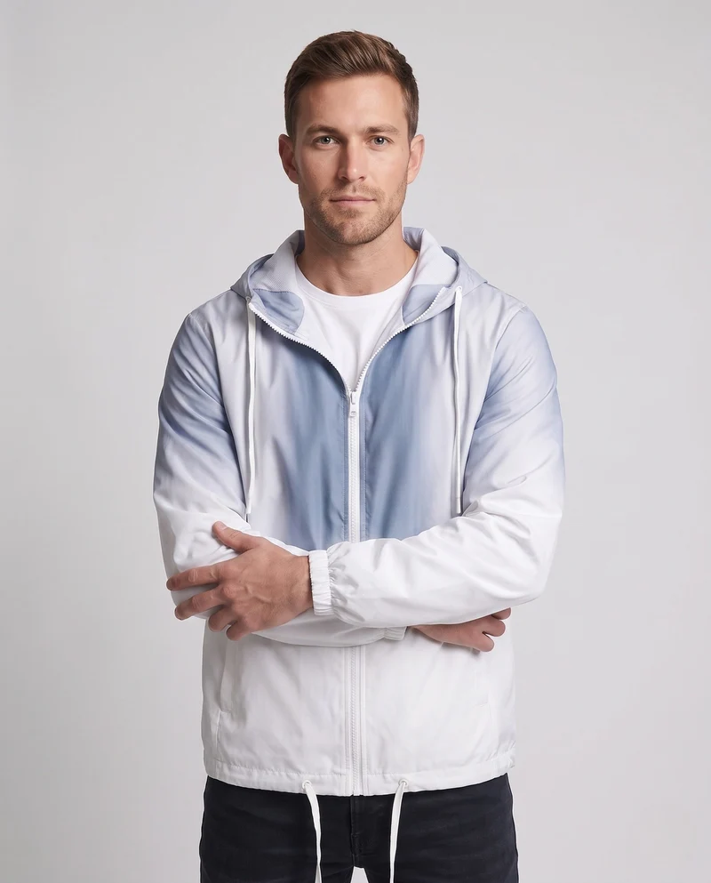 Unisex Farbverlauf-Leichte Windjacke mit Kapuze, Kordelzug und durchgehendem Reißverschluss