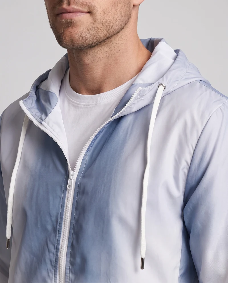 Unisex Farbverlauf-Leichte Windjacke mit Kapuze, Kordelzug und durchgehendem Reißverschluss