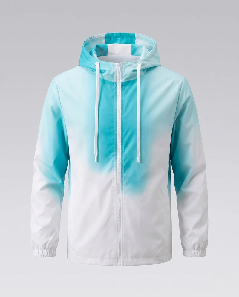 Unisex Farbverlauf-Leichte Windjacke mit Kapuze, Kordelzug und durchgehendem Reißverschluss
