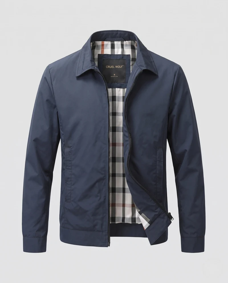 Leichte Herren Baumwollblousonjacke mit kariertem Futter und verdecktem Reißverschluss Nord Taschen