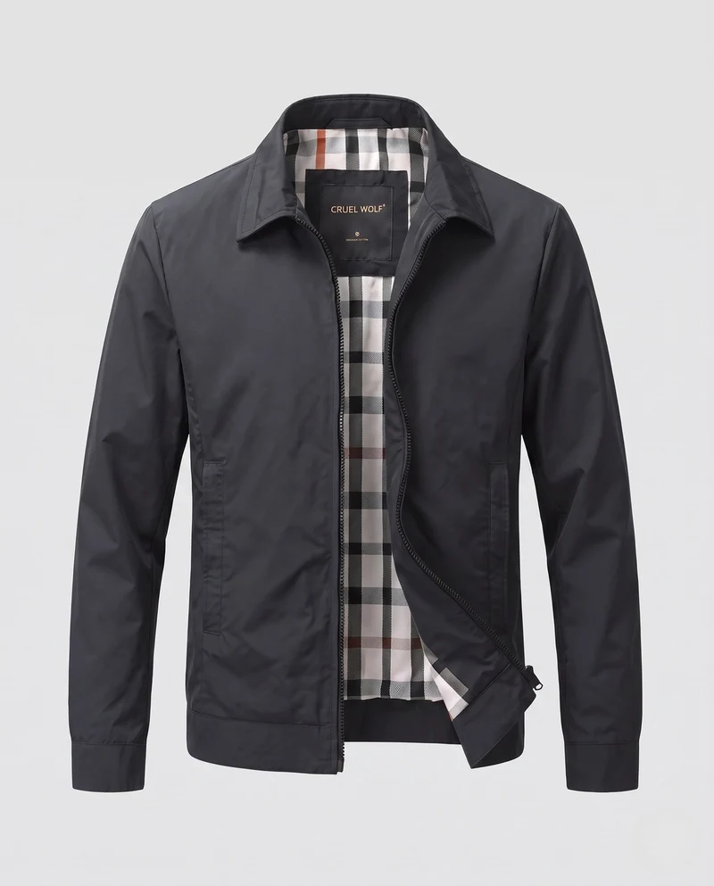 Leichte Herren Baumwollblousonjacke mit kariertem Futter und verdecktem Reißverschluss Nord Taschen