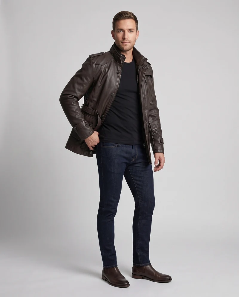 Herren Langer Kunstleder Parka mit Teddy-Futter, Utility-Taschen & Stehkragen Nord Taschen