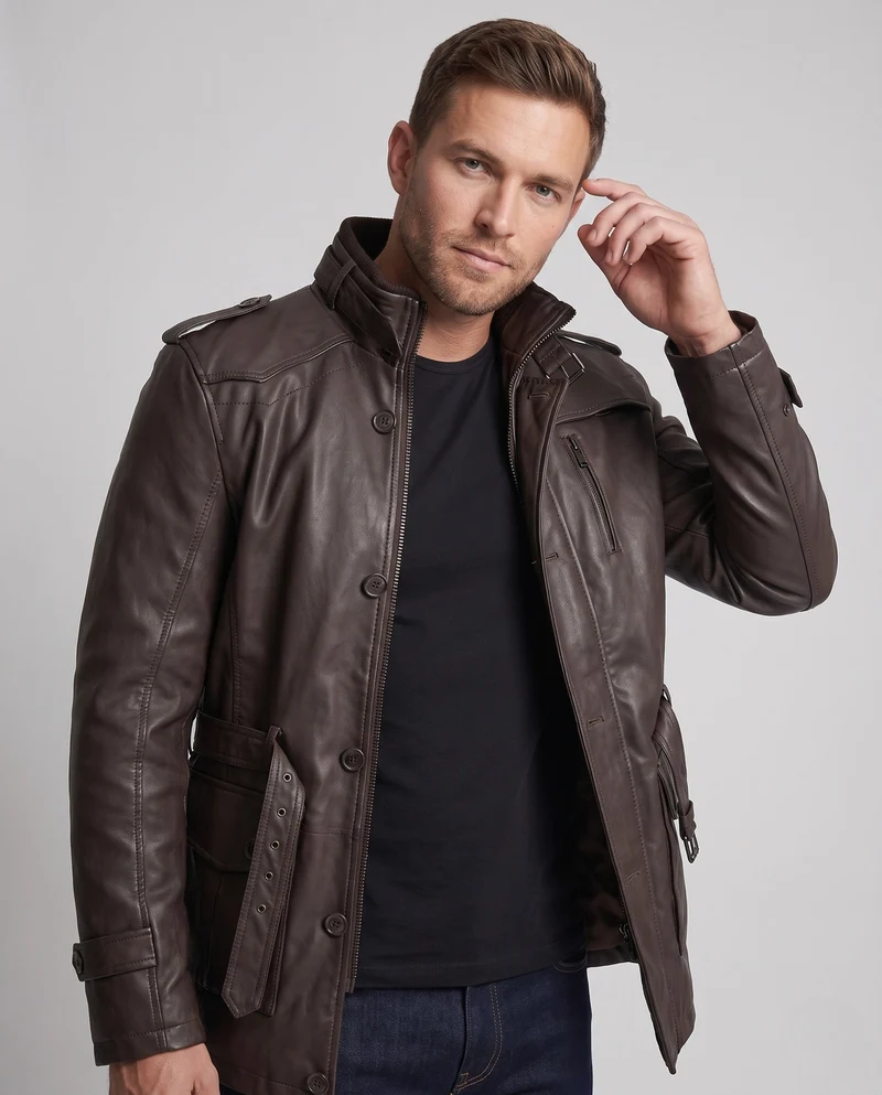 Herren Langer Kunstleder Parka mit Teddy-Futter, Utility-Taschen & Stehkragen Nord Taschen
