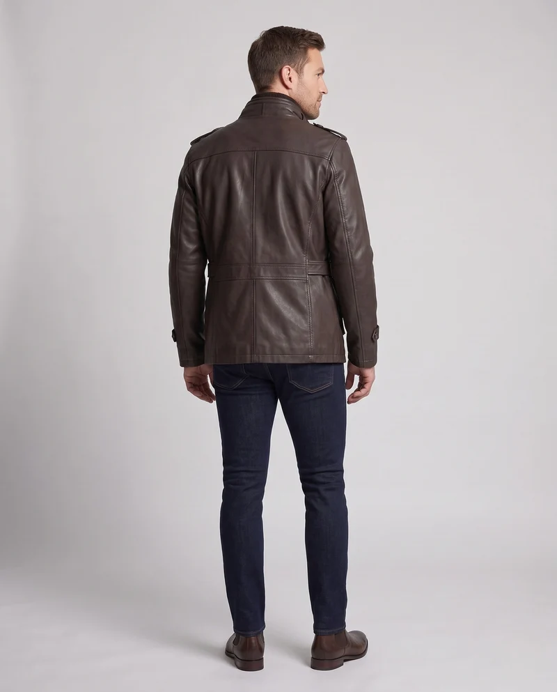Herren Langer Kunstleder Parka mit Teddy-Futter, Utility-Taschen & Stehkragen Nord Taschen