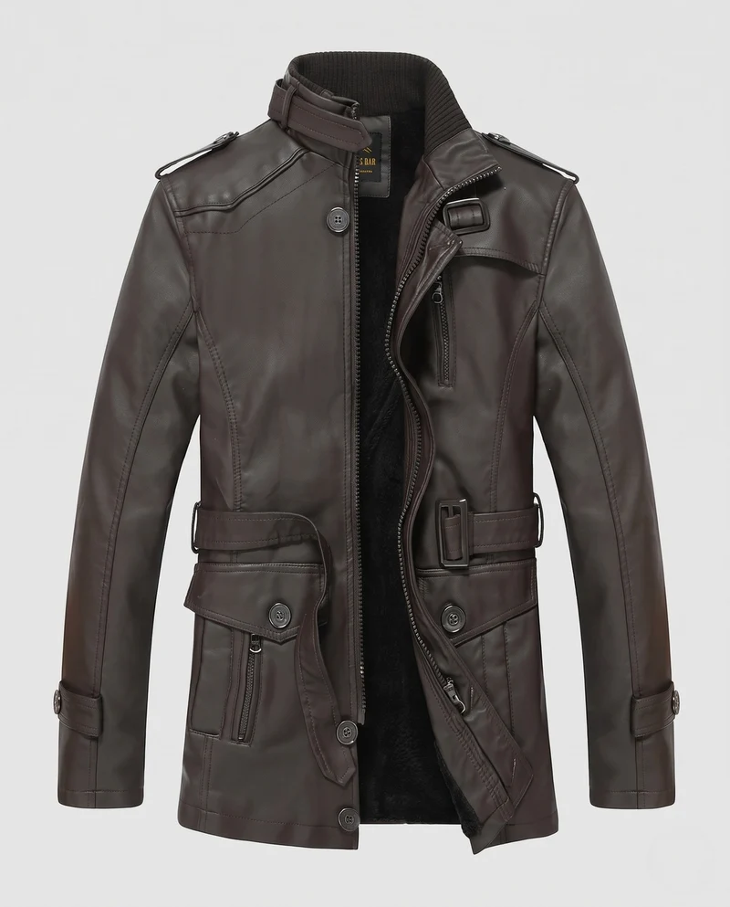 Herren Langer Kunstleder Parka mit Teddy-Futter, Utility-Taschen & Stehkragen Nord Taschen