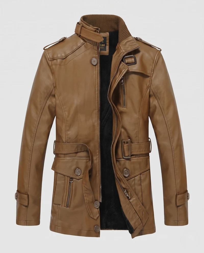 Herren Langer Kunstleder Parka mit Teddy-Futter, Utility-Taschen & Stehkragen Nord Taschen