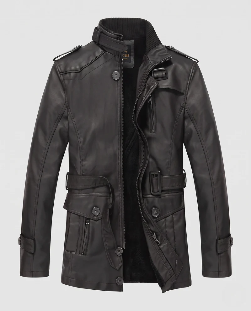 Herren Langer Kunstleder Parka mit Teddy-Futter, Utility-Taschen & Stehkragen Nord Taschen