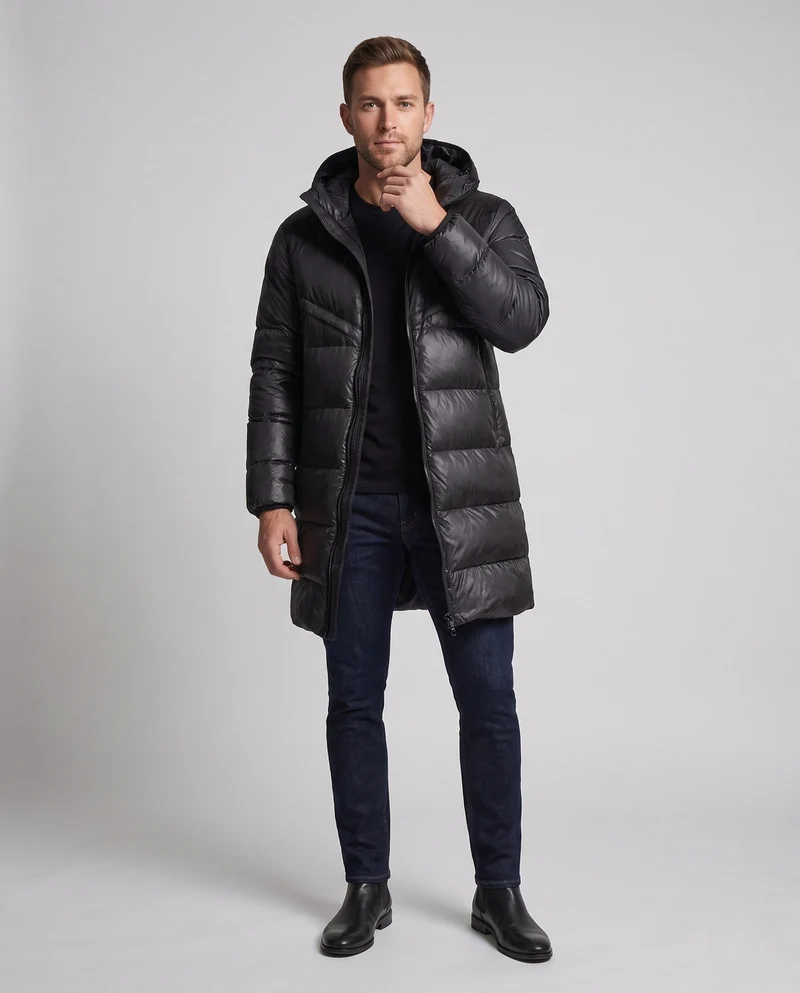 Längerer gesteppter thermo Parka für Herren mit Kapuze und wasserabweisender Außenschale Nord Taschen