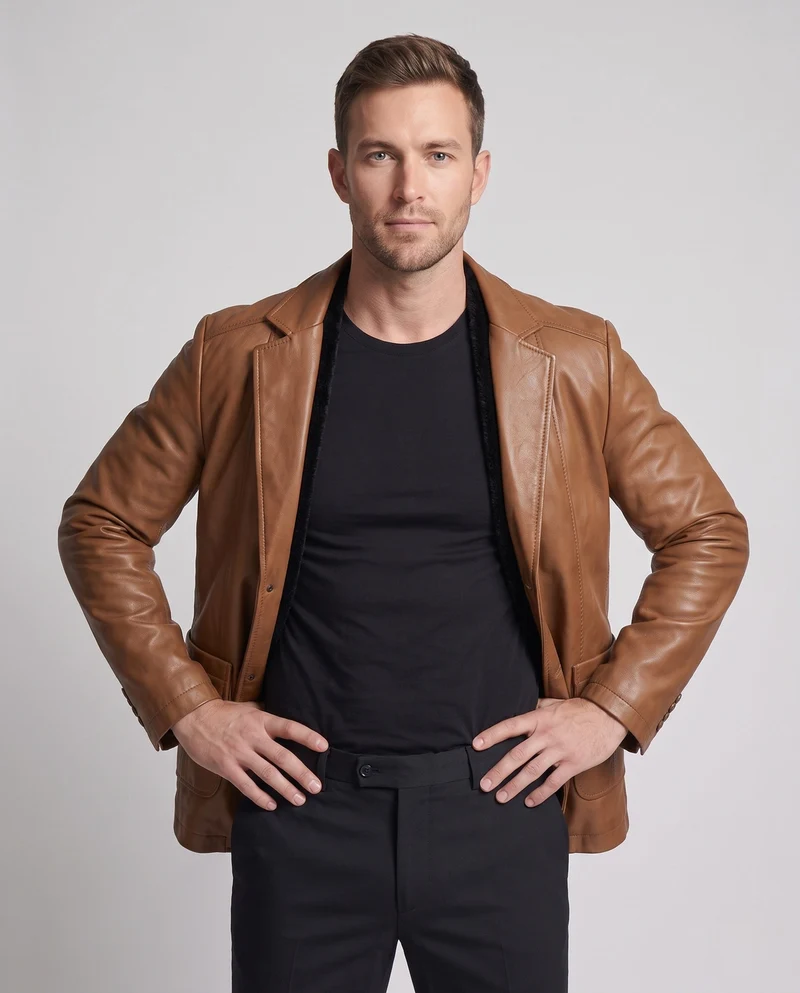 Herren Lederblazer im Jackenstil mit aufgesetzten Taschen & dezentem Knopfverschluss Nord Taschen
