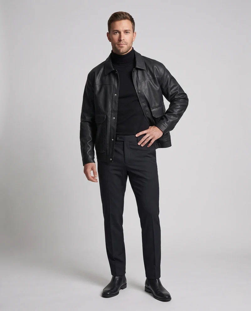 Herrenlederjacke im Worker-Stil mit Druckknopfverschluss und Klappentaschen Nord Taschen